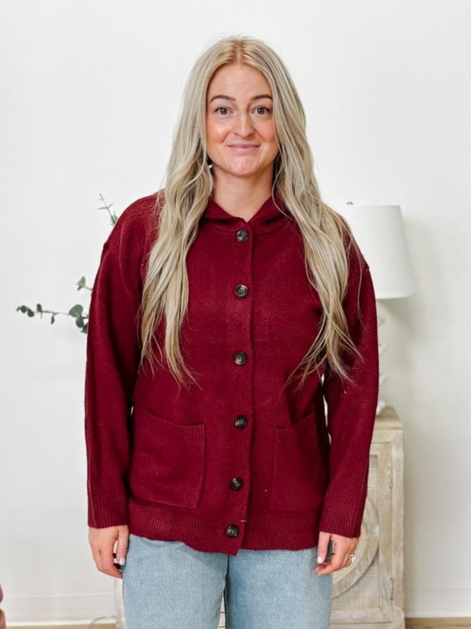 Relaxed Hooded Sweater Jacket in Burgundy