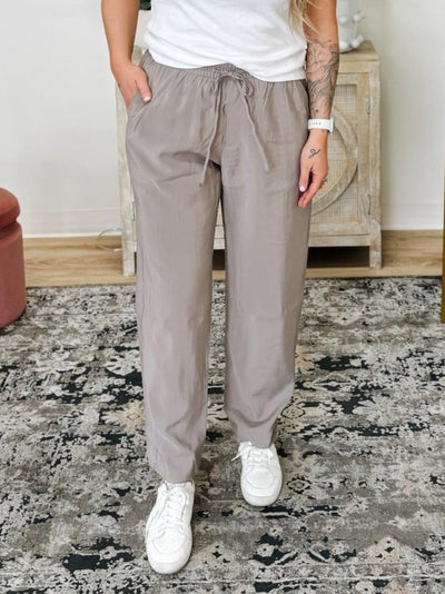 High Rise Elastic Drawstring Ankle Pants in Earth Grey