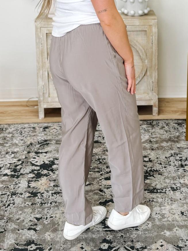 High Rise Elastic Drawstring Ankle Pants in Earth Grey