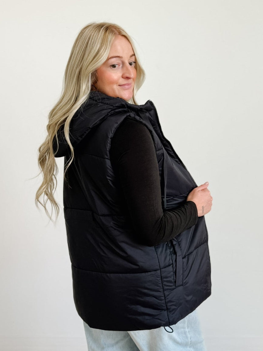 Longline High Neck Padded Vest in Black