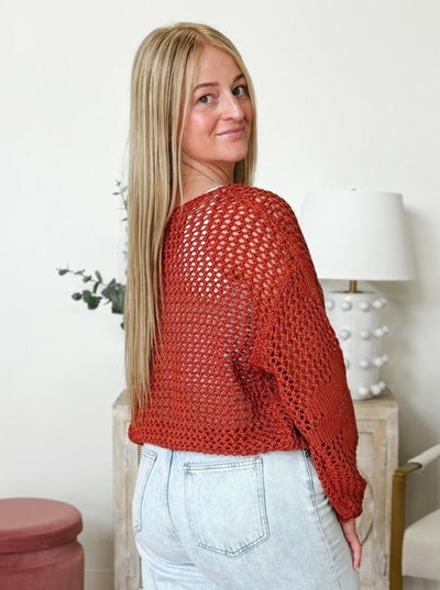 DEX Long Sleeve Floral Crochet Sweater in Burnt Orange