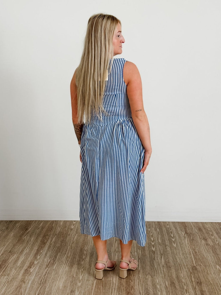 Sleeveless Boat Neck Stripe Print Linen Effect Dress