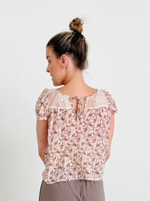 Floral Vine Lace Detail Tie Front Top