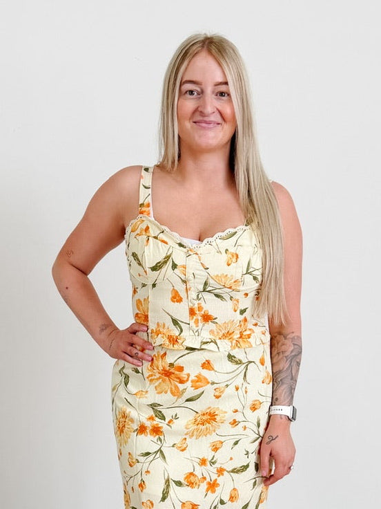Floral Lace Trim Button Down Corset Linen Top in Butter Yellow
