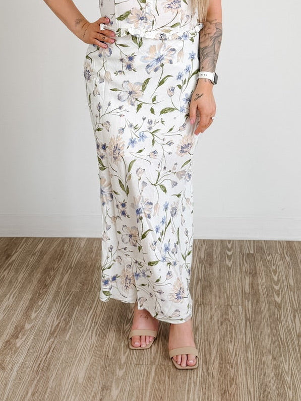Floral Linen Midi Skirt in Ivory