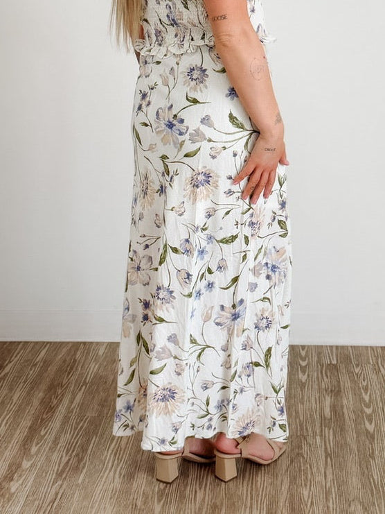 Floral Linen Midi Skirt in Ivory