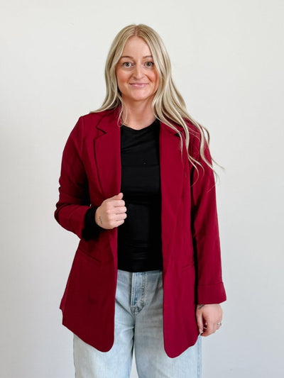 Woven Long Sleeve Lined Blazer in Burgundy