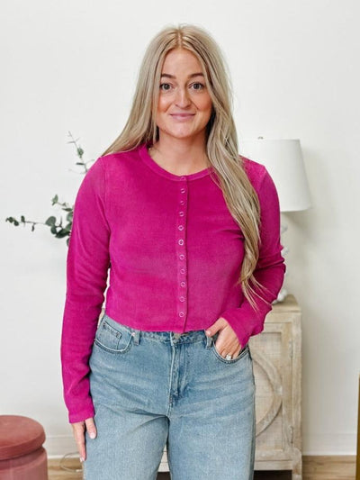 Button Down Ribbed Knit Top in Raspberry