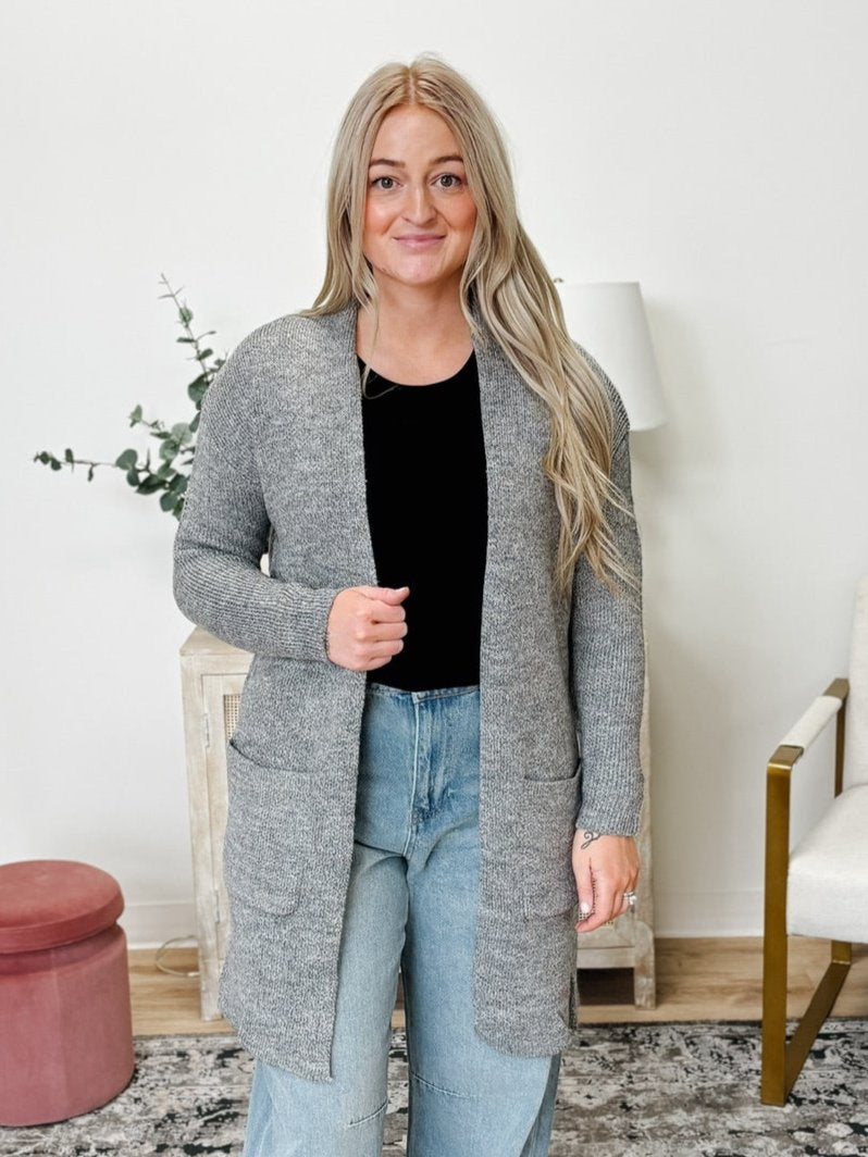 Open Cardigan With Pockets in Grey