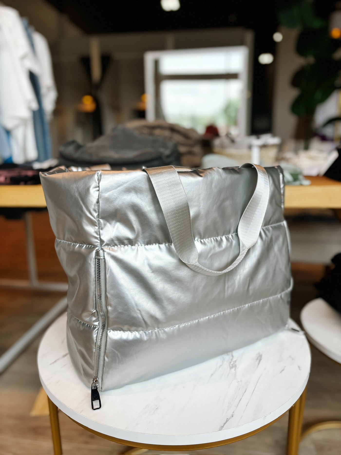 Puffy Quilted Waterproof Travel Sports Tote in Silver