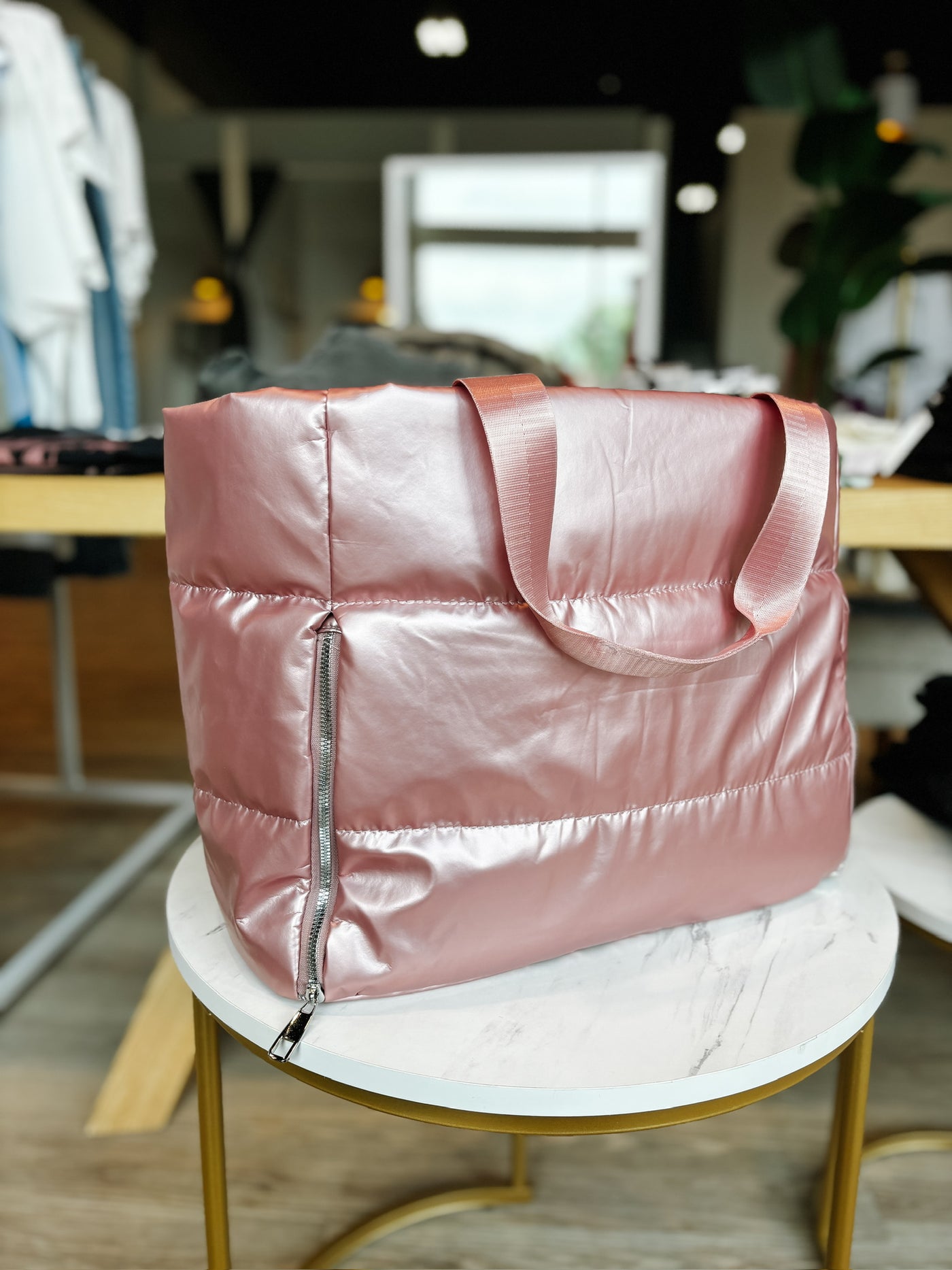 Puffy Quilted Waterproof Travel Sports Tote in Pink