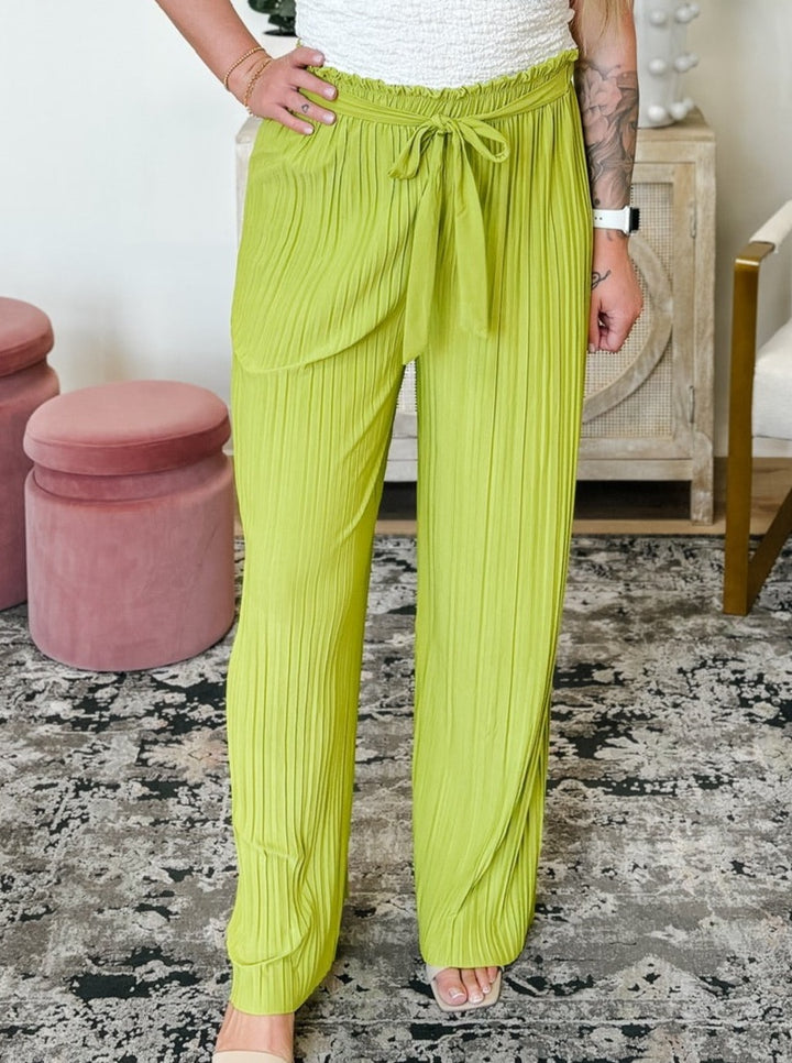 Pleated Wide Leg Paperbag Self Tie Pants in Lemon Ginger
