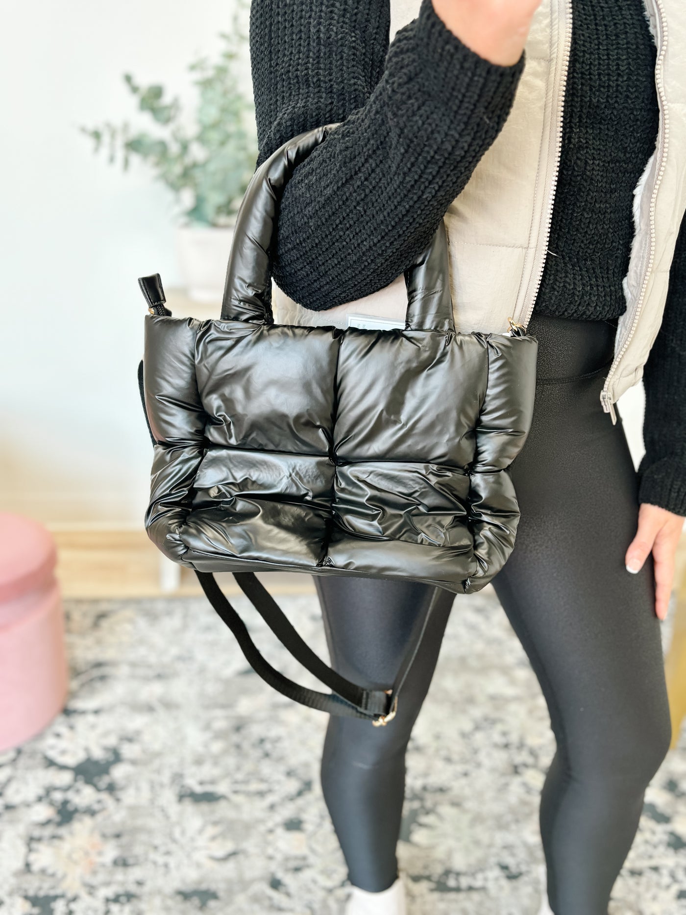 Brittany Small Nylon Puffer Tote With Satchel in Black