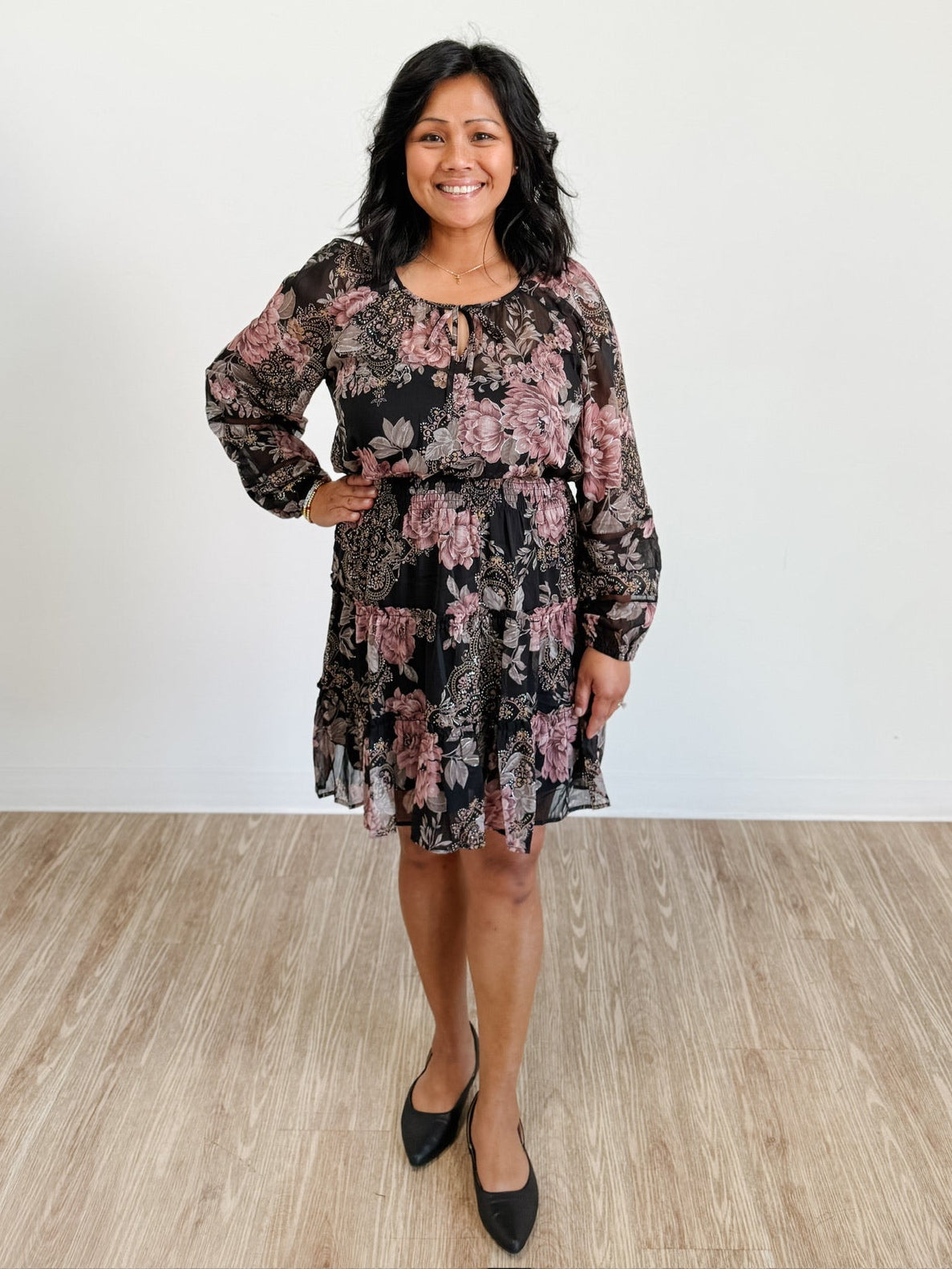 Floral Long Sleeve Smocked Tiered Mini Dress