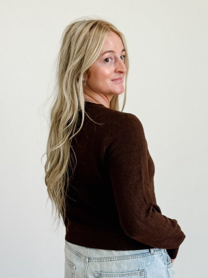 Crew Neck Button Up Cardigan in Brown