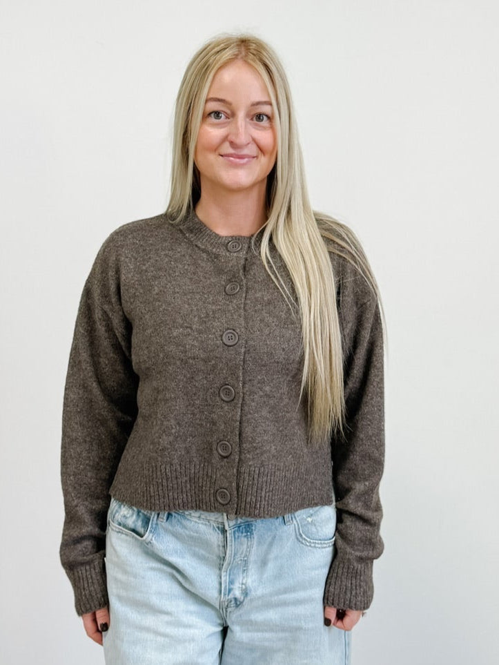 Crew Neck Cardigan in Mocha