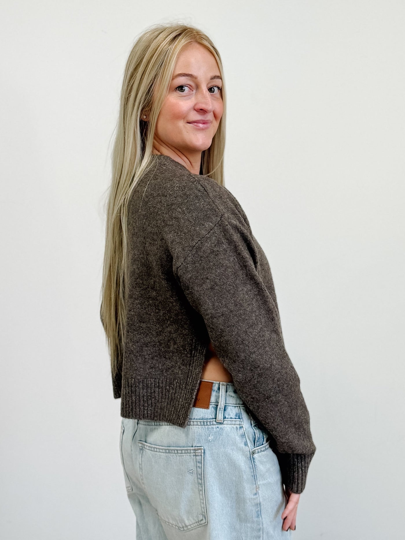 Crew Neck Cardigan in Mocha