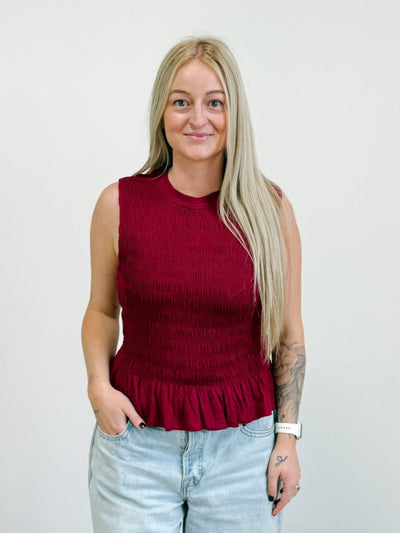 Smocking Detail Ruffle Hem Knit Top