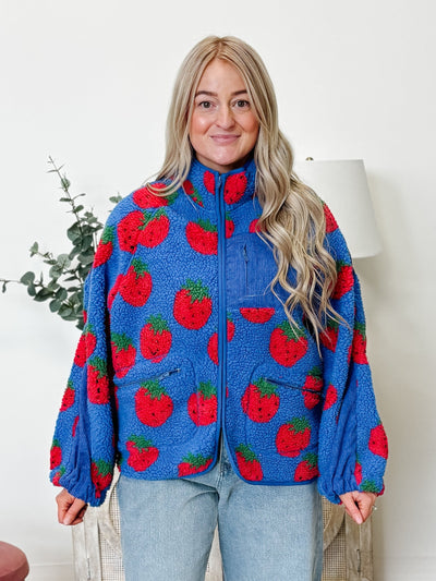 Oversized Strawberry Print Fleece Jacket