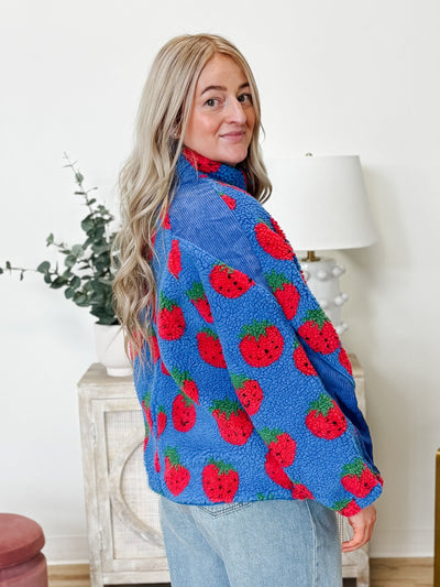 Oversized Strawberry Print Fleece Jacket