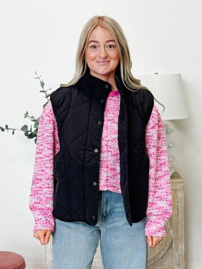 Button Down Quilted Puffer Vest With Pockets in Black