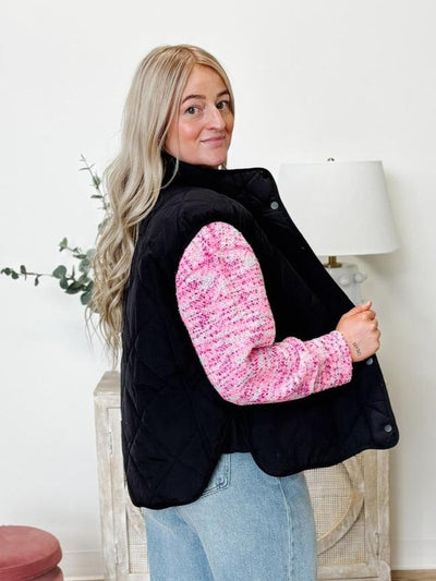 Button Down Quilted Puffer Vest With Pockets in Black