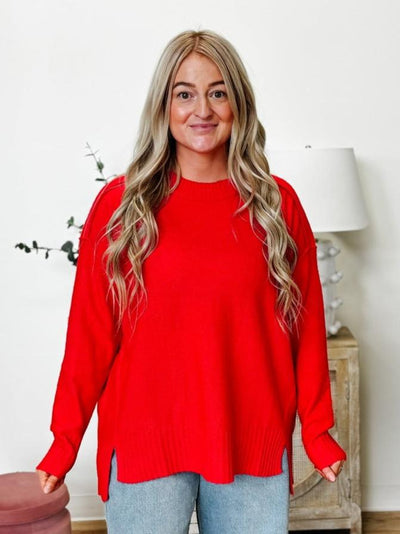 Crew Neck Knit Pullover Sweater in Ruby