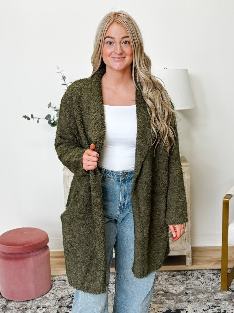 Soft Fuzzy Drape Front Cardigan in Olive