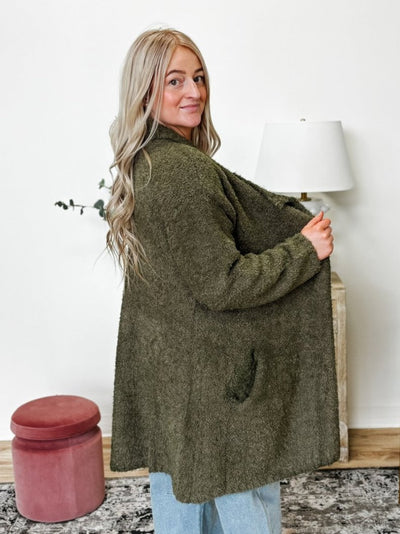 Soft Fuzzy Drape Front Cardigan in Olive