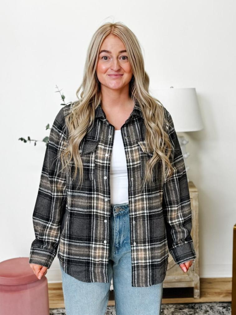 Button Down Plaid Shacket in Grey Combo