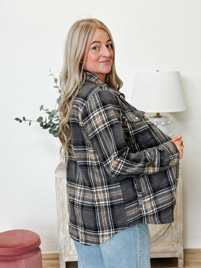 Button Down Plaid Shacket in Grey Combo