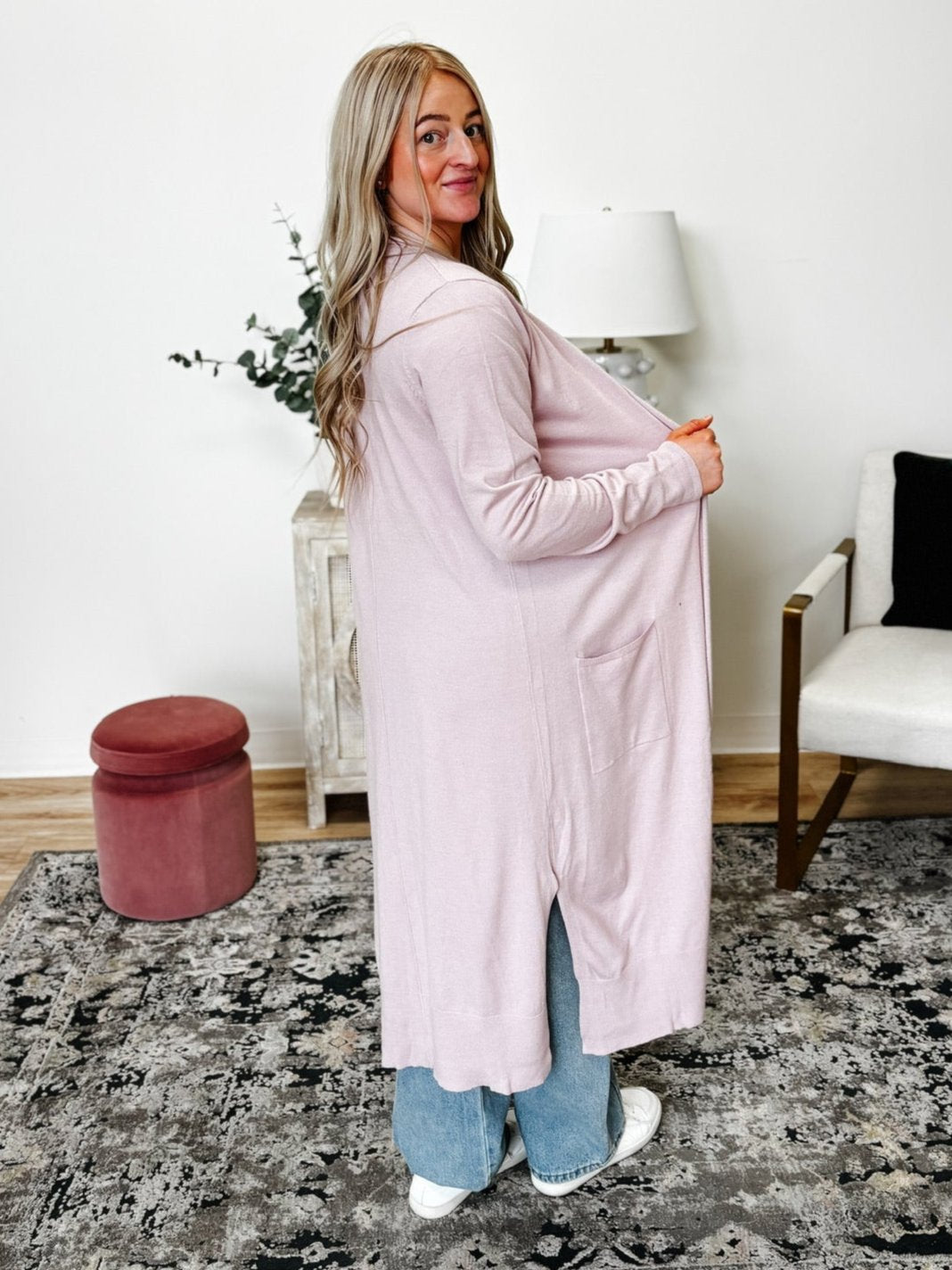 Longline Open Front Cardigan in Light Rose