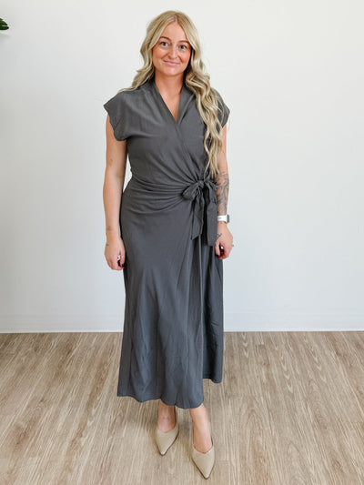 Solid Dolman Cap Sleeve Midi Wrap Dress