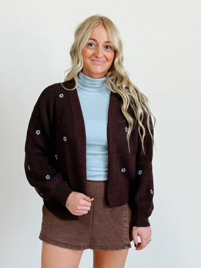 The Floral Embroidered Cardigan in Chocolate