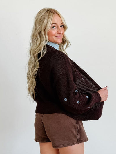 The Floral Embroidered Cardigan in Chocolate