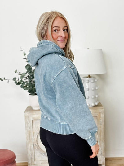 Acid Wash Fleece Hoodie in Blue Grey