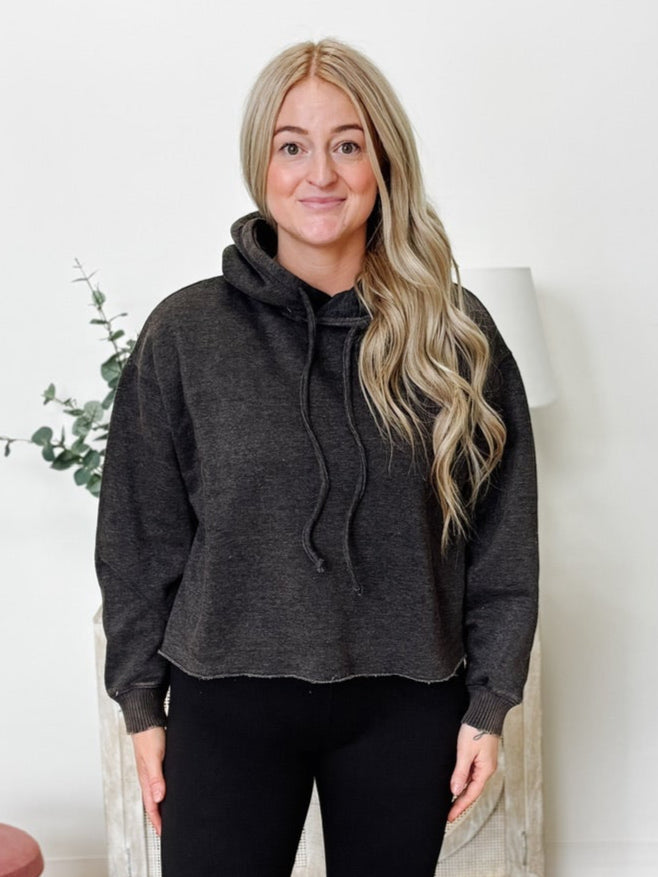 Acid Wash Fleece Cropped Hoodie in Ash Black