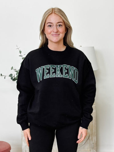 "Weekend" Fleece Round Neck Sweatshirt in Black