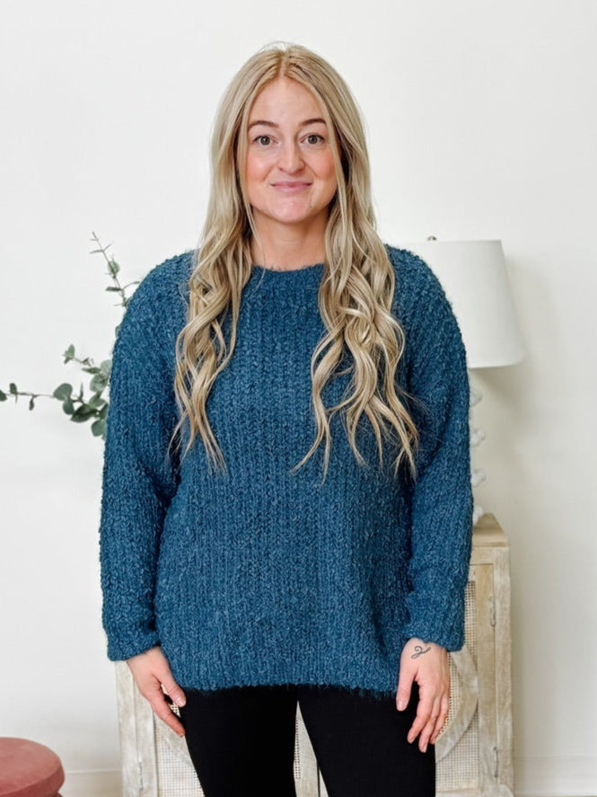 Brushed Round Neck Sweater in Dusty Blue