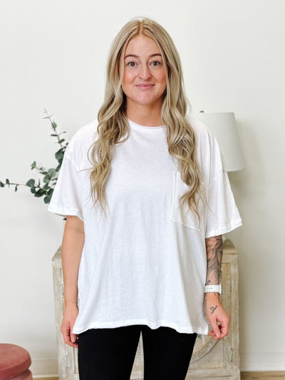 Oversized Raw Edge Top With Front Pocket in White