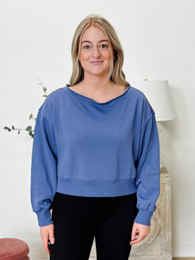 Fleece Boat Neck Pullover in Marlin Blue