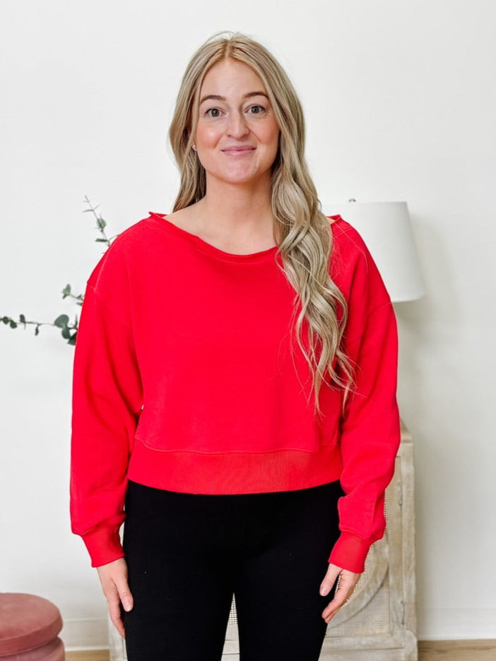 Fleece Boat Neck Pullover in Ruby