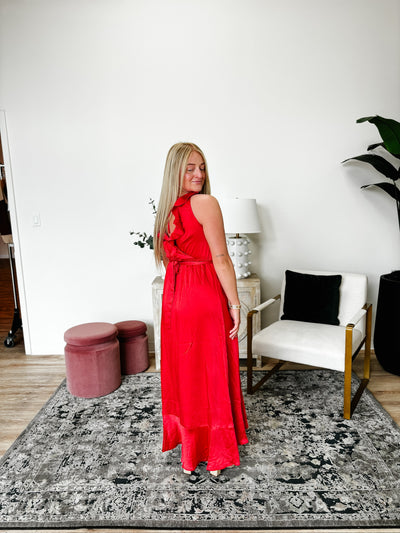 Sleeveless Ruffled Satin Wrap Maxi Dress in Coral Red