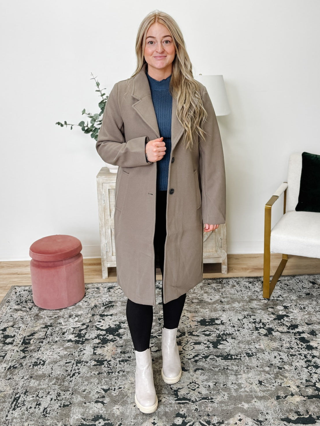 Notched Lapel Long Sleeve Buttoned Coat in Greystone