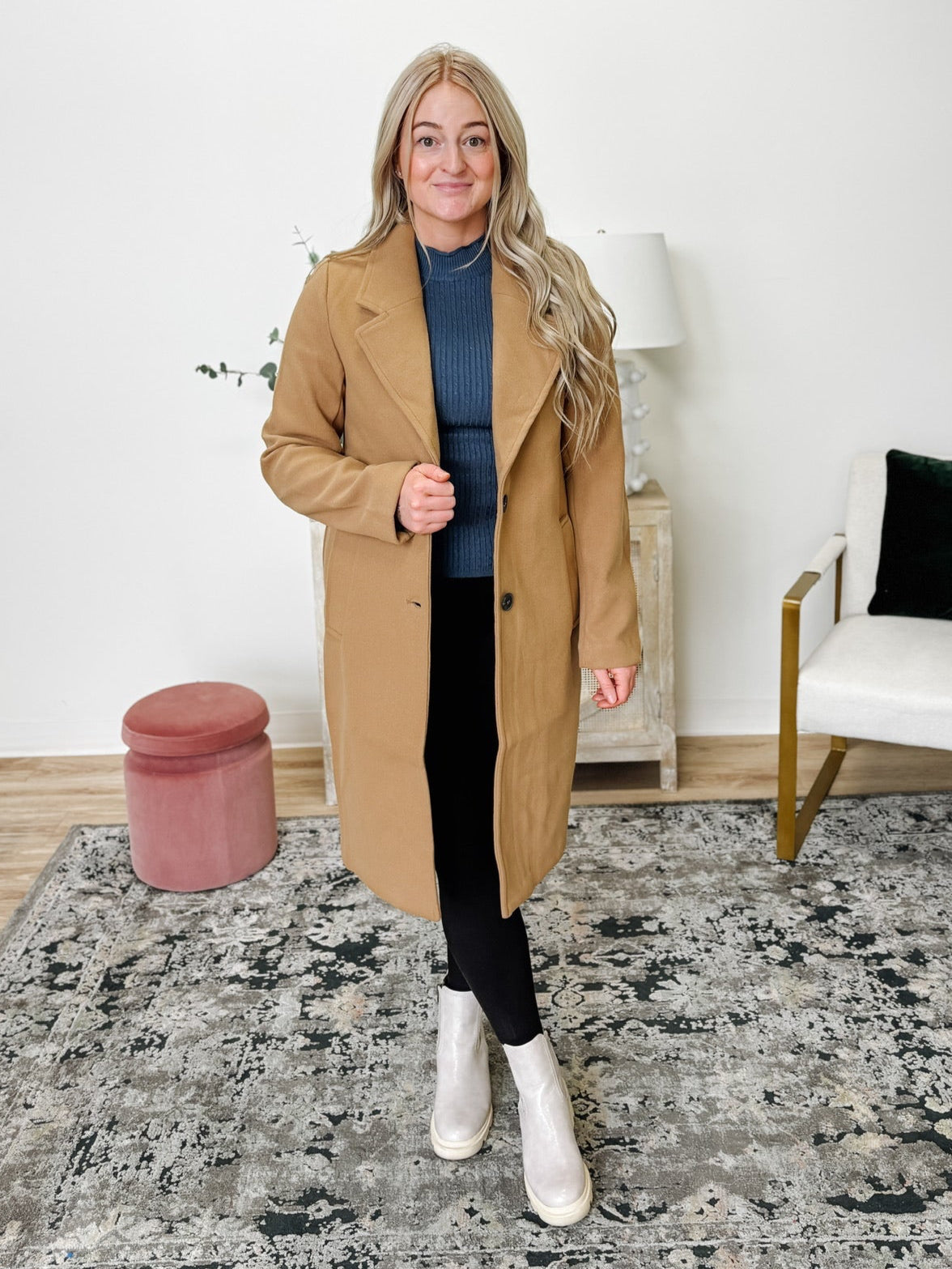 Notched Lapel Long Sleeve Buttoned Coat in Camel