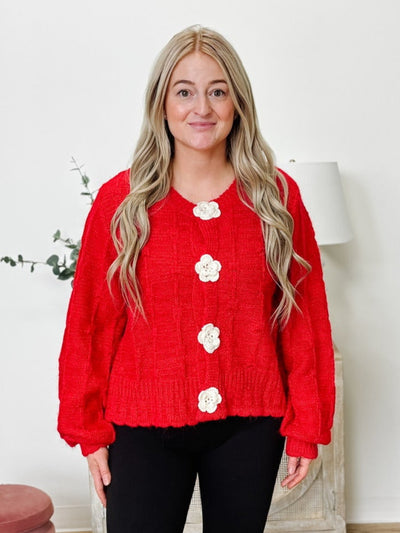 Floral Button Crop Knit Cardigan in Red