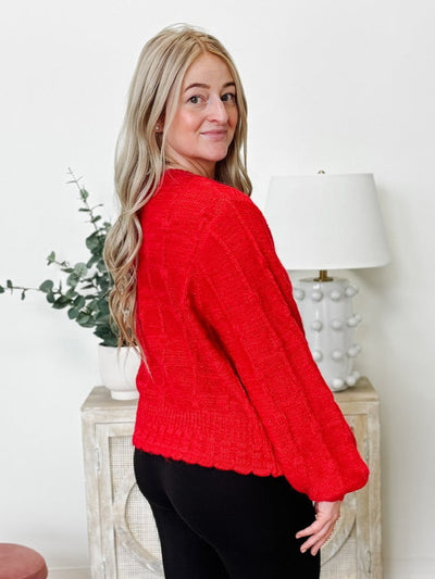 Floral Button Crop Knit Cardigan in Red