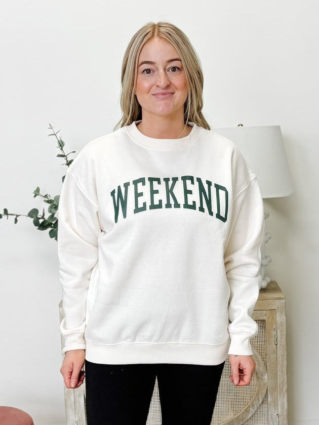 "Weekend" Fleece Round Neck Sweatshirt in Cream