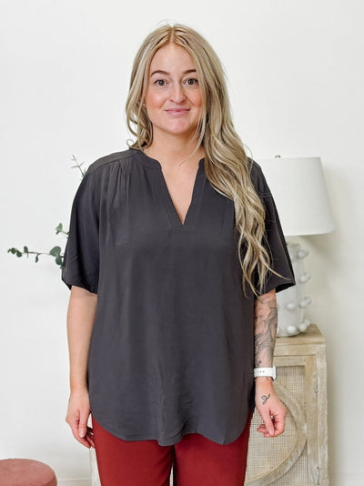 Split Neck Short Sleeve Top in Ash Grey