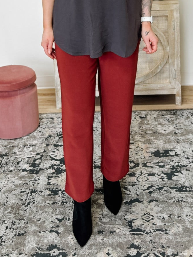 Stretch Pull On Dress Pants in Dark Rust